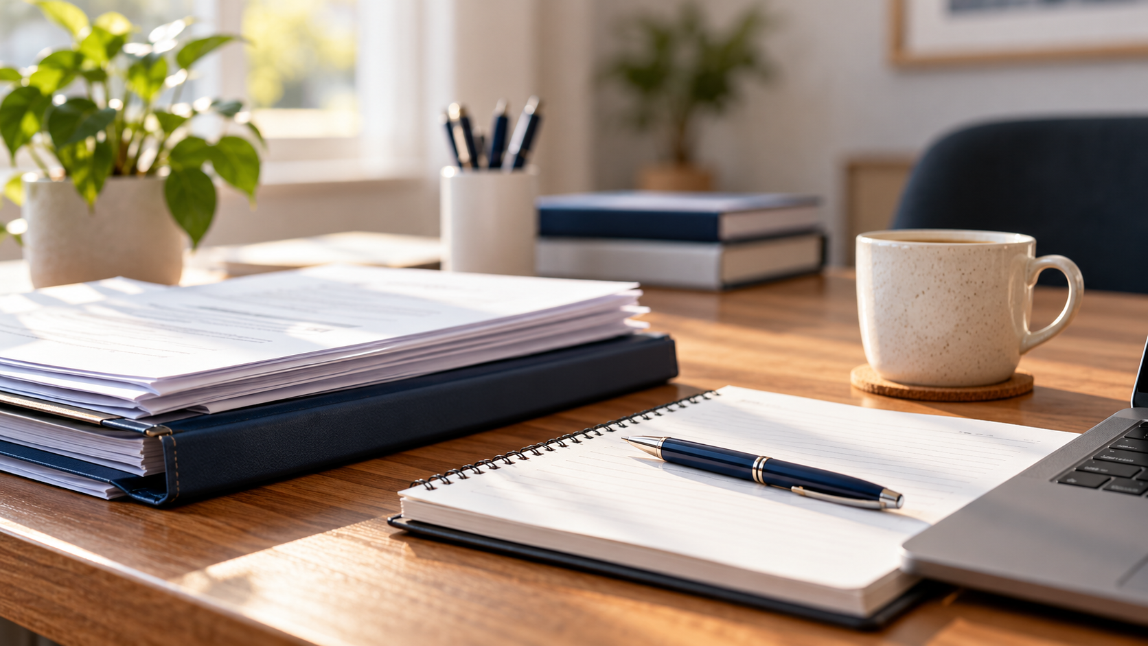 Organised paperwork, notebook and pen on a wooden desk